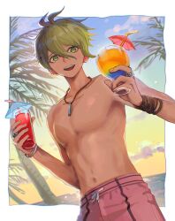 1boy :d amami_rantaro antenna_hair collarbone cup danganronpa_(series) danganronpa_v3:_killing_harmony green_eyes green_hair hair_between_eyes highres holding holding_cup jewelry male_focus male_swimwear navel necklace nrki open_mouth palm_tree pink_male_swimwear ring short_hair smile solo teeth topless_male tree upper_body upper_teeth_only