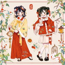 Rule 34 | 2girls, animal print, aoqun, birdcage, black hair, black shoes, blush stickers, bow, bow-shaped hair, bow skirt, bowtie, brown eyes, buttons, cage, cherry print, chinese clothes, chinese commentary, chinese hairpin, chinese text, closed mouth, commentary request, double bun, dress, eyelashes, eyeshadow, fashion, flower, flower knot, food, food print, fruit, fruit print, full body, fur scarf, hair bow, hair bun, hair flower, hair ornament, hair rings, hanfu, highres, holding, holding lantern, holding stuffed toy, jacket, lace-trimmed jacket, lace-trimmed sleeves, lace trim, lantern, layered sleeves, leaf print, light frown, long skirt, long sleeves, looking at viewer, makeup, mamianqun, mary janes, miniskirt, multiple girls, neck ribbon, object request, original, persimmon, pink flower, pleated skirt, pom pom (clothes), pom pom hair ornament, putong xiao gou, rabbit print, red bow, red bowtie, red dress, red eyes, red eyeshadow, red flower, red jacket, red lips, red skirt, red sleeves, ribbon, scarf, shirt, shoes, short hair, skirt, sleeves past wrists, smile, socks, stuffed animal, stuffed rabbit, stuffed toy, tassel, white background, white bow, white flower, white rabbit (animal), white scarf, white shirt, white sleeves, white socks, wide sleeves, yellow jacket