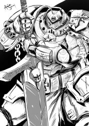 1boy 2021 absurdres anthoniarts armor artist_name black_background chain commentary cross english_commentary english_text gauntlets grey_knight helm helmet highres holding holding_sword holding_weapon knight latin_text male_focus monochrome one_eye_closed pauldrons shoulder_armor skull_ornament sword two-tone_background warhammer_40k weapon white_background