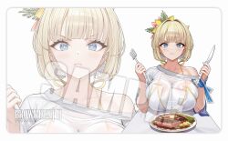 1girl bikini bikini_under_clothes blonde_hair blue_eyes blush breasts brown_dust_(series) brown_dust_2 butter determined eating food fork hair_ornament highres holding holding_knife justia_(brown_dust) justia_(pool_party)_(brown_dust) knife official_alternate_costume official_art sample_watermark see-through_clothes see-through_shirt shirt single_bare_shoulder small_horns steak swimsuit watermark wet wet_clothes wet_shirt white_bikini
