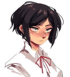 1girl black_hair blue_eyes closed_mouth collared_shirt commentary danganronpa danganronpa/zero danganronpa_(series) eyelashes freckles highres ikusaba_mukuro karu_(8komori) neck_ribbon portrait red_ribbon ribbon shirt short_hair simple_background solo white_background white_shirt