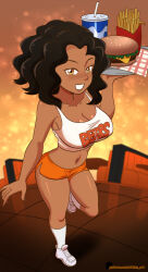 Rule 34 | 1girl, absurdres, black hair, blush, brand name imitation, breasts, burger, cleavage, clothes writing, collarbone, cup, dakunart, dark skin, drink, drinking straw, employee uniform, food, french fries, grin, highres, holding, holding tray, hooters, looking at viewer, medium breasts, midriff, navel, orange background, orange shorts, original, restaurant, shirt, shoes, short hair, shorts, smile, sneakers, socks, table, tank top, teeth, tray, waitress, walking, white shirt, white shoes, white socks, xime (dakunart), yellow eyes