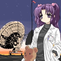 00s 1girl american_flag black_sweater clannad female_focus flag flag_pole hair_bobbles hair_ornament ichinose_kotomi id_card lab_coat logo long_hair motion_blur name_tag nasa nasa_logo oekaki purple_eyes purple_hair radio_telescope solo stuffed_animal stuffed_toy sweater teddy_bear toshi_(little-fluffy-cloud) turtleneck twilight twintails two_side_up united_states very_large_array