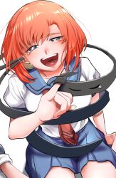 1girl 1other adasino_ainu blue_eyes blue_skirt commentary_request medium_hair neckerchief open_mouth orange_hair original pleated_skirt puffy_short_sleeves puffy_sleeves red_neckerchief school_uniform shirt short_sleeves simple_background sitting skirt smile tearing_up teeth upper_teeth_only wariza white_background white_shirt