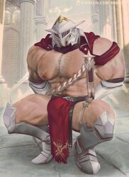 1boy abs arknights arms_behind_back bara bozi_(17030417) bulge cape chest_hair commentary english_commentary halo helmet highres loincloth male_focus muscular muscular_male nipples pectorals red_cape red_loincloth sankta_miksaparato_(arknights) squatting topless_male