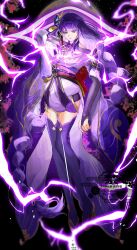 1girl abstract_background arm_up armor asymmetrical_sleeves back_bow black_panties blunt_bangs blurry blurry_background bow braid bridal_gauntlets closed_mouth clothing_cutout electricity expressionless fan_hair_ornament floating flower full_body genshin_impact glowing gradient_hair hair_ornament highres human_scabbard japanese_clothes kimono long_braid long_hair looking_at_viewer low-braided_long_hair low-tied_long_hair mitsudomoe_(shape) mole mole_under_eye moon motion_blur multicolored_hair musou_isshin_(genshin_impact) night night_sky off_shoulder panties paruko_v powering_up purple_eyes purple_flower purple_hair purple_kimono purple_thighhighs raiden_shogun red_sash sash shade shoulder_armor shoulder_cutout single_braid sky solo thighhighs thighs tomoe_(symbol) tree underwear uneven_sleeves wide_sleeves