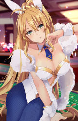 1girl ahoge animal_ears artoria_pendragon_(fate) artoria_pendragon_(swimsuit_ruler)_(fate) artoria_pendragon_(swimsuit_ruler)_(first_ascension)_(fate) bare_shoulders blonde_hair blue_necktie blue_pantyhose blush braid breasts casino_card_table cleavage clothing_cutout detached_collar fake_animal_ears fate/grand_order fate_(series) feather_boa female_focus fishnet_pantyhose fishnets french_braid green_eyes hair_between_eyes highleg highleg_leotard highres k-rumi large_breasts leotard long_hair looking_at_viewer navel_cutout necktie pantyhose playboy_bunny ponytail rabbit_ears sidelocks sitting smile solo table thighs tiara white_leotard wrist_cuffs