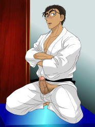 Rule 34 | 1boy, bandaid, black hair, blush, erection, glasses, hidefumi, highres, kyougoku makoto, male focus, meitantei conan, penis, pubic hair, short hair, solo, tagme, undressing