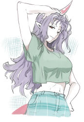 1girl blue_shorts breasts closed_mouth ginnkei green_shirt hand_on_own_head hand_on_own_hip highres horns large_breasts long_hair navel one_eye_closed pointy_ears purple_hair red_eyes shirt shorts single_horn solo t-shirt tail tenkajin_chiyari touhou upper_body