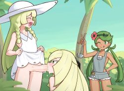 1futa 2girls :q bare_arms blonde_hair closed_mouth clothes_lift cum cum_in_container cum_in_mouth dark-skinned_female dark_skin day dress dress_lift erection fellatio futa_with_female futanari green_eyes green_hair hat holding holding_ladle incest ladle lifting_own_clothes lillie_(pokemon) liveactors long_hair lusamine_(pokemon) mallow_(pokemon) mother_and_daughter multiple_girls nintendo one_eye_closed oral outdoors palm_tree penis pokemon pokemon_sm sleeveless sleeveless_dress smile tagme tongue tongue_out tree uncensored white_dress white_hat