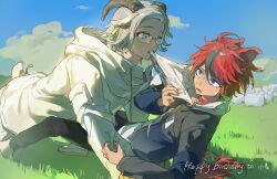 2boys ahoge animal_collar animal_ears aotsuki_eito biting_another&#039;s_clothes black_jacket black_streaks blue_eyes boy_on_top chinese_commentary collar dog_boy dog_ears dog_tail drawstring ear_tag field glasses grey_hair grey_jacket happy_birthday highres hilee671 hood hoodie horizontal_pupils horns jacket kemonomimi_mode looking_at_another male_focus multicolored_hair multicolored_jacket multiple_boys outdoors red_collar red_hair sheep sheep_boy sheep_ears sheep_horns sheep_tail short_hair streaked_hair sumino_takumi tail the_hundred_line_-last_defense_academy- two-tone_jacket white_hoodie white_jacket