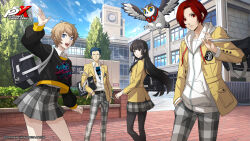 2boys 2girls absurdres animal arai_motoha artist_request bird black_hair blonde_hair blue_hair collared_shirt grey_pants grey_skirt highres hood hoodie kamishiro_nagisa kanou_shun looking_at_viewer lufel_(p5x) multiple_boys multiple_girls official_art owl pants persona persona_5 persona_5:_the_phantom_x plaid_clothes plaid_pants plaid_skirt red_eyes red_hair school_uniform shirt skirt smile tanemura_riko third-party_source white_hoodie white_shirt