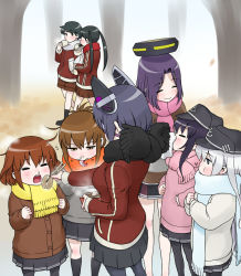 10s 6+girls akatsuki_(kancolle) steamed_bun black_hair blue_eyes blush breath brown_hair chopsticks daikon eating feeding folded_ponytail food gloves hair_ornament hair_ribbon hairclip halo hat headgear hibiki_(kancolle) ikazuchi_(kancolle) inazuma_(kancolle) kantai_collection long_hair mechanical_halo mikuma_(kancolle) mogami_(kancolle) multiple_girls octopus oden open_mouth pantyhose purple_hair radish ribbon runny_nose scarf school_uniform serafuku short_hair silver_hair skirt smile snot tatsuta_(kancolle) tenryuu_(kancolle) thighhighs twintails walking wata_do_chinkuru