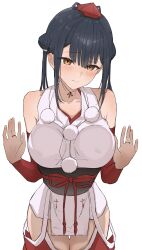 Rule 34 | 1girl, absurdres, black hair, blush, breast press, breasts, brown eyes, closed mouth, cowboy shot, detached pants, detached sleeves, hair ornament, hat, highres, japanese clothes, kaekae kaeru, kimono, large breasts, long hair, nijisanji, pom pom (clothes), sidelocks, simple background, sleeveless, sleeveless kimono, solo, tokin hat, virtual youtuber, white background, yamagami karuta, yamagami karuta (1st costume)