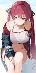 Rule 34 | 1girl, :q, absurdres, bare legs, bare shoulders, bikini, black jacket, black ribbon, breasts, cleavage, commentary, curvy, earrings, feet out of frame, furrowed brow, hair ribbon, heart, heart earrings, heart necklace, heterochromia, highres, hololive, houshou marine, houshou marine (summer), jacket, jewelry, large breasts, long hair, looking at viewer, mi tei 0401, navel, necklace, off shoulder, open clothes, open jacket, red bikini, red eyes, red hair, ribbon, see-through clothes, see-through shirt, shirt, sitting, solo, strapless, swimsuit, thick thighs, thighs, tongue, tongue out, tube top, twintails, two-sided fabric, two-sided jacket, very long hair, virtual youtuber, white tube top, yellow eyes