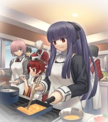 2boys 4girls alternate_hairstyle apron archer_(fate) asagami_fujino beni-enma black_dress black_shirt blue_eyes blunt_bangs chopsticks closed_mouth commentary_request commission cooking dark-skinned_male dark_skin dress fate/grand_order fate_(series) food fujimaru_ritsuka_(male) fujimaru_ritsuka_(male)_(polar_chaldea_uniform) grey_jacket highres holding holding_chopsticks indoors jacket kara_no_kyoukai kitchen kitchen_knife long_hair long_sleeves mash_kyrielight multiple_boys multiple_girls necktie official_alternate_costume one_eye_covered pink_hair pixiv_commission ponytail purple_hair red_eyes red_hair red_necktie reien_girl&#039;s_academy_school_uniform ryougi_shiki school_uniform shirt shoori_(migiha) short_hair smile straight_hair white_apron white_hair window