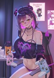 1girl absurdres ahoge arm_tattoo bandaid bandaid_on_face bandaid_on_nose bell breasts collar colored_inner_hair commentary commission controller cup demon_girl demon_horns demon_tail earrings english_commentary fangs game_controller gamer_supps highres horns indie_virtual_youtuber jewelry long_hair looking_at_viewer multicolored_hair nannachu7 navel neck_bell necklace no_pants open_mouth panties pink_hair purple_hair rainhoe solo spiked_collar spikes striped_clothes striped_panties tail tattoo toilet torn_clothes two-tone_hair underwear vertical-striped_clothes vertical-striped_panties virtual_youtuber yellow_eyes