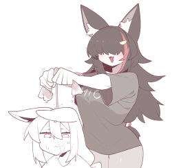 2girls :&lt; :3 :d absurdres animal_ear_fluff animal_ears black_hair black_shirt blush cleaning_rag cocomayo29_(tomato) commentary_request fang fox_ears fox_girl hair_between_eyes hair_ornament hair_over_eyes highres hololive korean_commentary long_hair low-tied_long_hair multicolored_hair multiple_girls ookami_mio open_mouth red_hair shirakami_fubuki shirt simple_background smile streaked_hair virtual_youtuber water white_background white_hair wolf_ears wolf_girl wringing