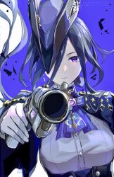 1girl absurdres aiming aiming_at_viewer antique_firearm ascot black_corset blue_cape blue_hair blue_hat breasts cape clorinde_(genshin_impact) closed_mouth commentary_request corset epaulettes finger_on_trigger firearm fold-over_gloves foreshortening framed_breasts genshin_impact gun hair_between_eyes hat hat_feather highres holding holding_gun holding_weapon large_breasts long_hair_between_eyes looking_at_viewer luta_(luta_1013) purple_ascot purple_background purple_eyes shirt taut_clothes taut_shirt tricorne weapon