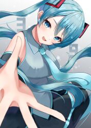 1girl 39 absurdres black_skirt black_sleeves black_thighhighs blue_eyes blue_hair blue_necktie blush detached_sleeves grey_shirt hatsune_miku highres long_hair looking_at_viewer necktie open_mouth outstretched_hand scarf_(50464982) shirt skirt smile solo thighhighs twintails very_long_hair vocaloid