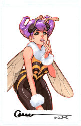 1girl antennae arthropod_girl bad_deviantart_id bad_id bare_shoulders bee_girl black_eyes capcom darkstalkers dated female_focus fur_trim insect_girl insect_wings lips marker_(medium) monster_girl no_pupils omar_dogan pantyhose purple_hair q-bee signature sleeveless solid_eyes solo traditional_media wings wrist_cuffs