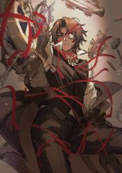Rule 34 | 1boy, asymmetrical inertia (e.g.o), brown coat, brown hair, brown vest, coat, collared shirt, cowboy shot, dark-skinned male, dark skin, gears, grey background, heathcliff (project moon), highres, killerohan, limbus company, long sleeves, looking at viewer, male focus, monocle, project moon, red ribbon, ribbon, scar, scar on face, shirt, short hair, simple background, solo, standing, upper body, vest, white shirt