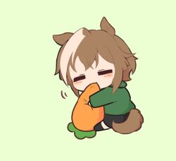 1girl animal_ears black_skirt black_socks brown_hair cheval_grand_(umamusume) chibi full_body gomashio_(goma_feet) green_background green_hoodie grey_hair hood hood_down hoodie horse_ears horse_girl horse_tail motion_lines multicolored_hair no_shoes simple_background skirt socks solo streaked_hair tail umamusume