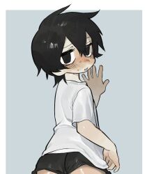 1boy bags_under_eyes black_eyes black_hair blush from_behind highres lee_hoon looking_at_viewer male_focus nervous parkgee shirt short_hair short_shorts short_sleeves shorts solo suicide_boy sweat t-shirt white_shirt