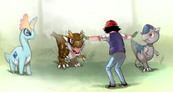 1boy amargasaurus amaura ash_ketchum baseball_cap black_hair cranidos dinosaur fingerless_gloves from_behind gen_4_pokemon gen_6_pokemon gloves gradient_background hat jurassic_park jurassic_world meme nintendo outstretched_arms pachycephalosaurus parody pokemon pokemon_(anime) pokemon_(creature) prattkeeping_(meme) sauropod syncaidia tyrannosaurus_rex tyrunt