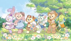 3boys 3girls animal_ears bear_girl cookieann duffy_and_friends duffy_the_disney_bear gelatoni green_fur highres looking_at_viewer multiple_boys multiple_girls olu_mel rabbit_ears rabbit_girl shelliemay shirt smile stellalou stuffed_animal stuffed_toy takatmaorange turtle_boy