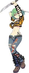 1girl denim green_hair groin hikage_(senran_kagura) jeans navel official_art pants senran_kagura short_hair tagme tattoo