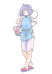 1girl adapted_costume ahoge arm_behind_back blue_vest breasts closed_mouth commentary_request expressionless eyeball full_body hair_ornament hairband hand_in_own_hair hand_up heart heart_hair_ornament heel_pop komeiji_satori looking_at_viewer medium_breasts messy_hair no_socks purple_hair rangycrow short_hair short_sleeves shorts simple_background slippers solo standing third_eye touhou vest white_background white_shorts |_|
