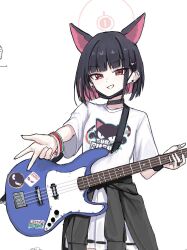 1girl animal_ears bass_guitar black_mask blue_archive cat_ears clothes_around_waist colored_inner_animal_ears colored_inner_hair eiraku_tee extra_ears fender_jazz_bass halo highres instrument jacket jacket_around_waist kazusa_(band)_(blue_archive) kazusa_(blue_archive) mask mouth_mask multicolored_hair pink_halo print_shirt shirt solo
