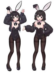 Rule 34 | 1girl, animal ears, bare shoulders, black bow, black hair, black jacket, black leotard, bow, bowtie, breasts, brown eyes, detached collar, f4rad, fake animal ears, full body, hair ornament, hairclip, hand on own hip, highres, jacket, leotard, looking at viewer, open mouth, original, pantyhose, playboy bunny, rabbit ears, short hair, simple background, standing, strapless, strapless leotard, thighband pantyhose, two-tone background, white background