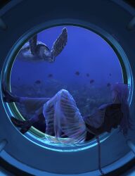 1boy aquarium black_shirt blue_theme collared_shirt fish high_heels highres hoshirube_sho j14o7 long_hair long_skirt long_sleeves male_focus nijisanji no_shoes pants reclining see-through_clothes see-through_skirt shirt skirt socks solo turtle virtual_youtuber white_pants