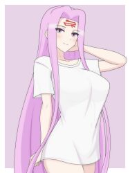 1girl absurdres blush border breasts closed_mouth collarbone cowboy_shot dani_(angrymatthew) eyebrows_hidden_by_hair eyes_visible_through_hair facial_mark fate/grand_order fate/stay_night fate_(series) forehead_mark hand_on_own_face highres large_breasts long_bangs long_hair looking_at_viewer medusa_(fate) medusa_(rider)_(fate) meme naked_shirt outside_border oversized_clothes oversized_shirt parted_bangs purple_background purple_eyes purple_hair shirt smile solo standing t-shirt thighs very_long_hair white_border white_shirt zenra