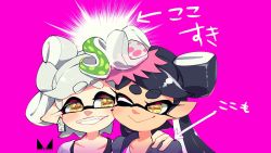 +_+ 2girls ;) artist_logo brown_eyes callie_(splatoon) casual cheek-to-cheek chichi_band closed_mouth commentary cousins earrings food food_on_head grin hand_on_another&#039;s_shoulder heads_together inkling jewelry logo long_hair looking_at_another marie_(splatoon) mole mole_under_eye multiple_girls nintendo object_on_head one_eye_closed pointy_ears purple_background sharp_teeth short_hair side-by-side silver_hair simple_background smile splatoon_(series) splatoon_2 sushi teeth tentacle_hair translated