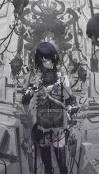 1girl black_thighhighs can closed_mouth commentary_request grey_eyes hair_ornament hair_over_one_eye hairclip head_tilt highres jacket layered_sleeves long_hair long_sleeves looking_at_viewer original purple_hair robot romaji_text shirt short_over_long_sleeves short_sleeves skull solo standing thighhighs torn_clothes torn_shirt touzai_(poppin_phl95) translation_request very_long_hair white_jacket white_shirt wide_sleeves x_hair_ornament