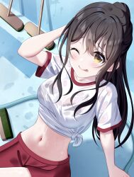 1girl absurdres black_bra black_hair blush bra breasts brown_eyes closed_mouth highres hominotsu long_hair looking_at_viewer medium_breasts midriff mop navel one_eye_closed original ponytail red_shorts see-through_clothes shirt short_sleeves shorts smile solo tied_shirt tongue tongue_out underwear wet wet_clothes wet_shirt white_shirt