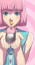 1boy alien blazpu blue_eyes blue_sailor_collar blue_serafuku bob_cut catherine:_full_body catherine_(game) creature hand_up highres holding holding_creature necktie own_hands_together pink_background pink_eyes rin_(catherine) sailor_collar school_uniform serafuku short_hair simple_background sleeveless solo trap upper_body white_necktie