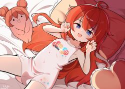 1girl :d absurdres ahoge artist_name bare_arms bare_shoulders bed_sheet blue_archive blue_eyes blush breasts character_doll chinese_commentary claw_pose collarbone commentary_request covered_erect_nipples cowboy_shot dated doll frilled_pillow frills from_above hair_between_eyes hair_spread_out hands_up head_on_pillow heart heart-shaped_pillow highres loli long_hair looking_at_viewer lying maki_(blue_archive) nazomaki_(blue_archive) no_pants official_alternate_costume on_back on_bed open_mouth paid_reward_available pillow platinum-mix print_shirt red_hair shirt sidelocks sleeveless sleeveless_shirt small_breasts smile solo teeth upper_teeth_only variant_set white_shirt