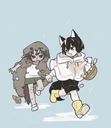 2boys animal_ears bandaid basket black_eyes black_shorts blue_background boots brown_coat brown_eyes brown_hair candy capelet coat dark-skinned_male dark_skin e.g.o_(project_moon) food fox fox_boy fox_ears fox_tail full_body green_shorts heathcliff_(project_moon) highres holding holding_basket holding_hands kojocho05 limbus_company looking_at_another male_focus multiple_boys necktie project_moon rain rubber_boots shirt shoes shorts simple_background smile standing sunshower_(e.g.o) tail torn_clothes torn_coat white_capelet white_shirt white_shoes yellow_shoes yi_sang_(project_moon)
