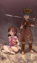 2boys absurdres armor bare_arms bare_legs bare_shoulders barefoot bdsm black_hair bondage bound bound_arms bound_legs breastplate crotch_rope feet hairband highres japanese_armor long_hair looking_at_viewer multiple_boys no_shoes original polearm red_rope restrained rope shibari shibari_over_clothes shoulder_armor spear trap weapon yewang19
