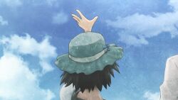 1boy 1girl arm_up black_hair black_trim blue_dress blue_hat bob_cut bow close-up cloud cloudy_sky coat dress game_cg hat hat_bow highres huke lab_coat multiple_hat_bows nape non-web_source official_art okabe_rintarou outstretched_arm shiina_mayuri short_hair sky steins;gate white_coat