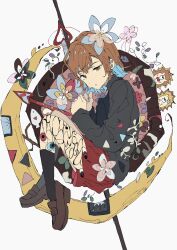 Rule 34 | 1girl, black socks, black sweater, blue bow, blue hair, bow, bowtie, brown eyes, brown hair, brown shoes, byoushin wo kamu (zutomayo), colored inner hair, crescent moon, fingernails, flower, heart, hedgehog, highres, ikurasujico, long sleeves, mimikayushi (zutomayo), miniskirt, moon, multicolored hair, nira-chan, nira-chan (byoushin wo kamu) (zutomayo), pink flower, red bow, red bowtie, red skirt, shoes, short hair, skirt, socks, sweater, turtleneck, turtleneck sweater, uniguri (zutomayo), white background, zutto mayonaka de ii no ni