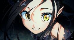1girl bare_shoulders black_dress black_hair close-up commentary dress highres kamisaki_hikaru long_hair looking_at_viewer medalist_(manga) nzeneee ponytail revision smile solo sparkle staring symbol-only_commentary upper_body wide-eyed yellow_eyes