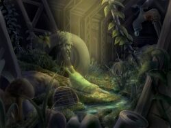 can commentary_request drink_can faucet grass grate light_rays mushroom no_humans original overgrown rock ruins scenery sewer sewer_grate slug soda_can steel_beam sunbeam sunlight tyb_(inmu) unused_tire water water_drop