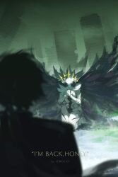 1boy 1other artist_name black_hair black_jacket blurry city claws covered_eyes crown crown_hair_ornament depth_of_field dreamless_(wuthering_waves) facing_viewer hands_up highres jacket lewdlily66 long_hair male_rover_(wuthering_waves) monster monster_girl pale_skin rover_(wuthering_waves) tacet_discord_(wuthering_waves) wings wuthering_waves