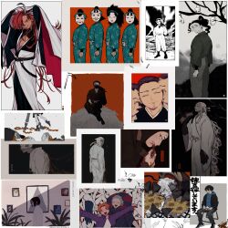 4girls 6+boys absurdres alternate_costume arms_up ashiya_douman_(fate) bad_id bad_twitter_id bandaged_head bandages bare_tree black_kimono black_sclera blood blood_on_face blue_hoodie chair character_request check_character check_copyright claude_von_riegan collage colored_sclera colored_skin copyright_request dancing dimitri_alexandre_blaiddyd eating edelgard_von_hresvelg facing_viewer fate/grand_order fate/zero fate_(series) fire_emblem fire_emblem:_three_houses flower folding_chair gakkou_de_atta_kowai_hanashi gilles_de_rais_(caster)_(fate) gilles_de_rais_(fate) guro hacchi_(napoli_no_otokotachi) hair_over_one_eye hand_up highres holding_limb hood hood_down hoodie inactive_account jacket jacket_over_head jacket_over_hoodie japanese_clothes kimono long_bangs long_hair long_sleeves looking_at_viewer mask mogero_(gerogero_ieki) multiple_boys multiple_girls multiple_views napoli_no_otokotachi ninja nintendo noh_mask on_chair one_eye_covered orange_hair outstretched_arms pile_of_corpses ponytail purple_jacket rakudai_ninja_rantarou raw_meat red_hair right-over-left_kimono severed_arm severed_head severed_limb short_sleeves shu3_(napoli_no_otokotachi) sitting sitting_on_person spread_arms sunflower takasugi_shinsaku_(fate) tree uryuu_ryuunosuke van_gogh_(fate) van_gogh_(third_ascension)_(fate) very_long_hair white_eyes white_hair white_kimono white_skin