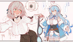ahoge blue_hair blush bra braid colored_tips crying crying_with_eyes_open elf embarrassed flower green_eyes grey_hair hair_flower hair_ornament heart heart_ahoge holding holding_bra holding_underwear hololive hololive_fantasy multicolored_hair nekonui pointy_ears shirogane_noel shirogane_noel_(casual) smile snowflake_choker snowflake_pendant snowflake_print speech_bubble streaked_hair tears thought_bubble underwear virtual_youtuber washing_machine yellow_eyes yukihana_lamy